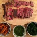 Rib of beef, carrots, carrot-top chimichurri, and kale.