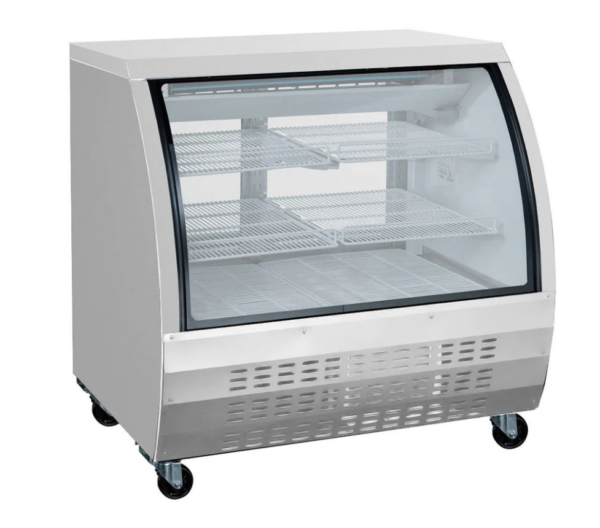 Coldline Refrigerated Deli Display Case, 47-3/10"W, 12.0 cu. ft. capacity, bottom mounted self-contained mounted refrigeration, curved front tempered glass, sliding rear doors, (2) PVC coated adjustable wire shelves, 35.6° to 46.4°F temperature range, digital temperature control, automatic defrost, LED interior lighting, black/white/stainless steel exterior with stainless steel trim, aluminum liner interior with stainless steel floor, (4) casters (2 with brakes), R290 Hydrocarbon refrigerant, 5/8 HP, 115v/60/1-ph, 2.6 amps, cord, NEMA 5-15P, cETLus, ETL-Sanitation