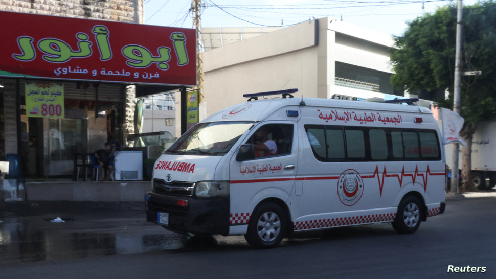 An ambulance vehicle drives as hundreds of members of the Lebanese armed group Hezbollah, including fighters and medics, were seriously wounded on Tuesday when the pagers they use to communicate exploded, according to a security source, in Sidon