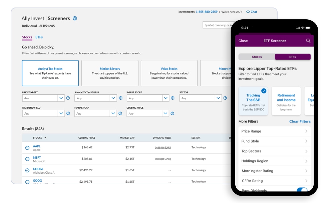 a desktop view of the TipRanks Stock Screener tool, with a mobile view of Ally Invest’s ETF Screener layered on top