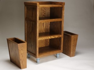 Red oak cart shown with the side boxes detached