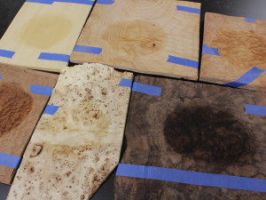 Half a dozen veneer species layed on a table