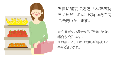 お買い物前に処方せんをお持ちいただければ、お買い物の間に準備いたします。※在庫がない場合などご準備できない場合もございます。※お薬によっては、お渡しが前後する事がございます。