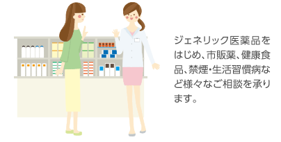 ジェネリック医薬品をはじめ、市販薬、健康食品、禁煙・生活習慣病など様々なご相談を承ります。