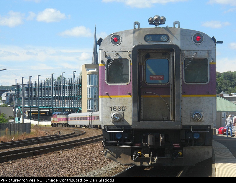 MBTA cab car 1630 waits to lead a commuter train back to Boston.