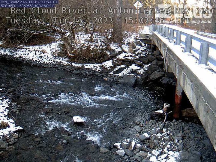 Looking down from a bridge over the river with rocks and trees on the other side.