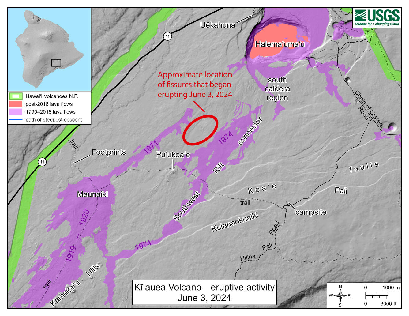 Map showing the location of eruptive fissures