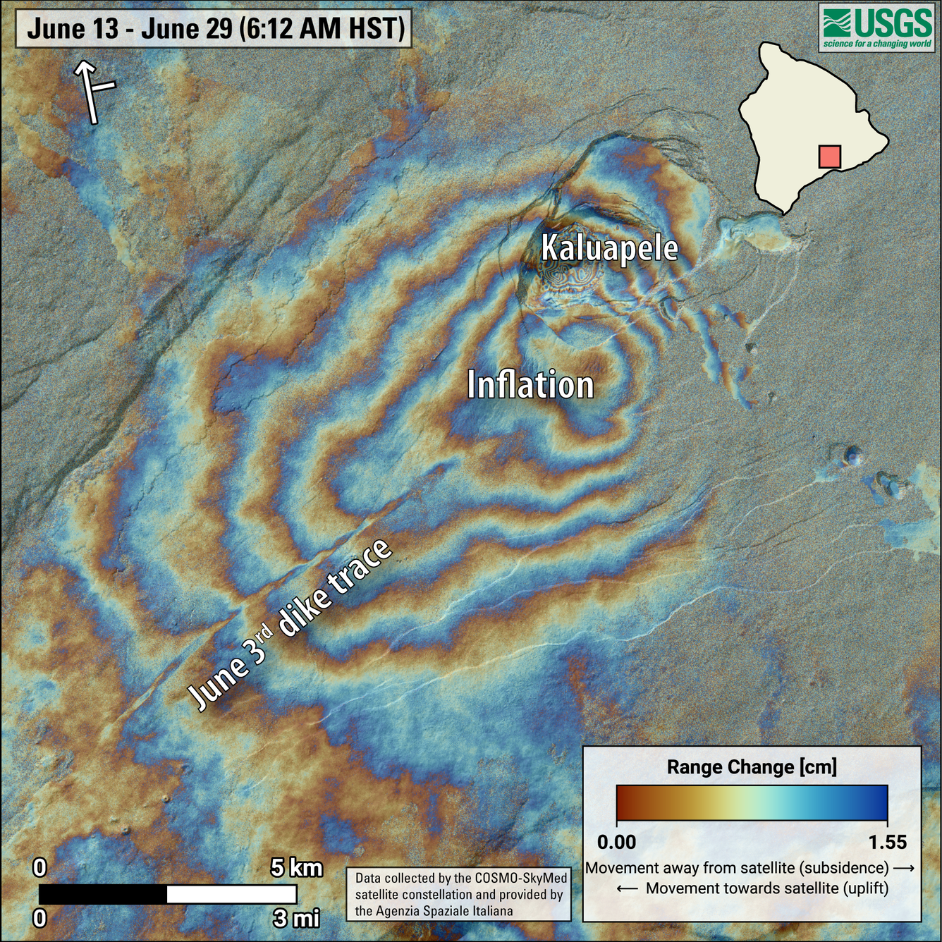 Color graphic showing ground deformation at summit of volcano