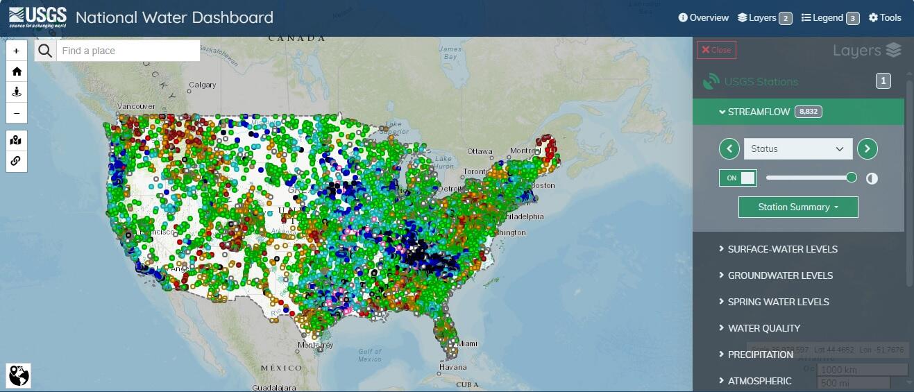 Screenshot of the USGS National Water Dashboard.