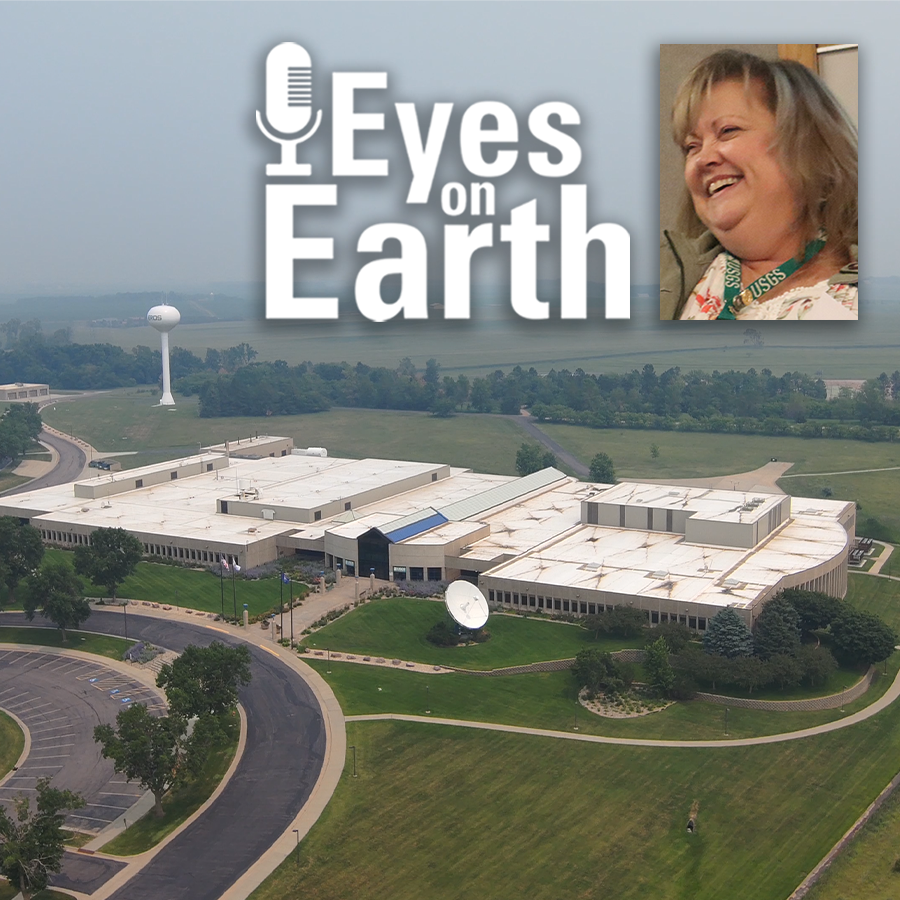 Image of EROS Center and Kristi Kline with Eyes on Earth graphic on top