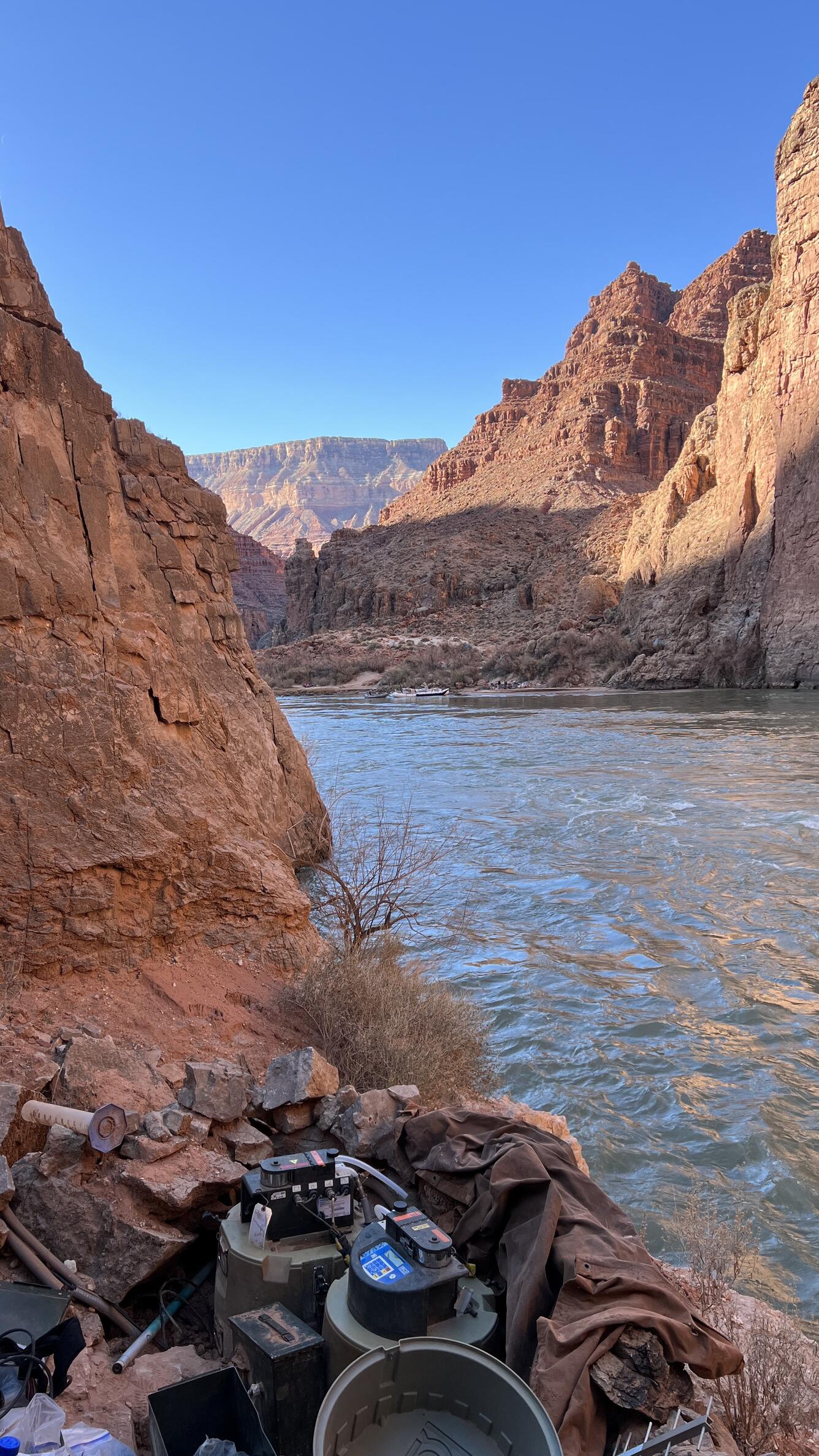 ISCO pump samplers at a sediment gaging site, Fence Fault beach, Colorado River, Grand Canyon