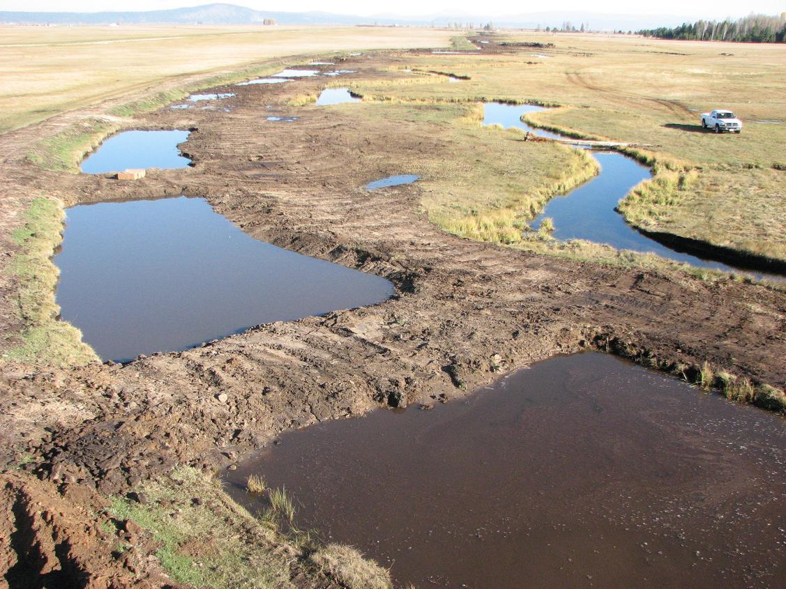 six rectangular ponds full of brown water alongside a narrow meandering creek in a grassy field