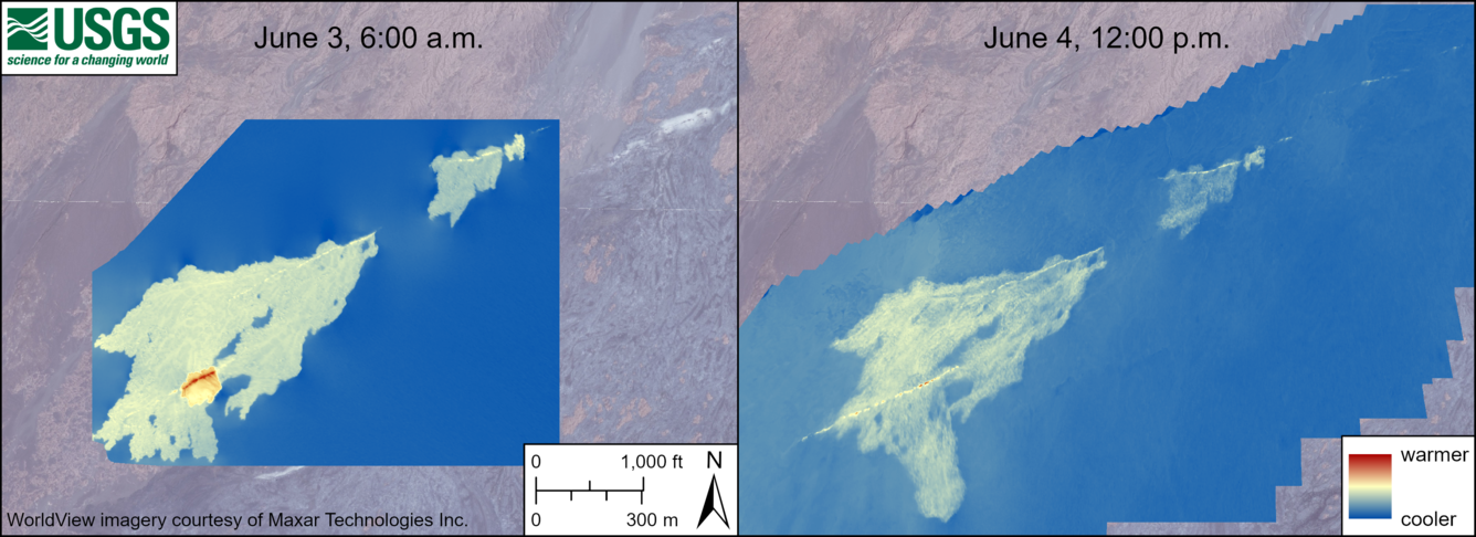 Color images of temperatures of new lava flows