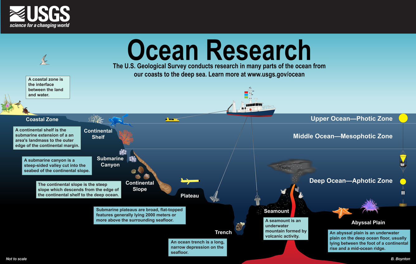 Graphic showing structure of the ocean floor from beach to deep sea with descriptions