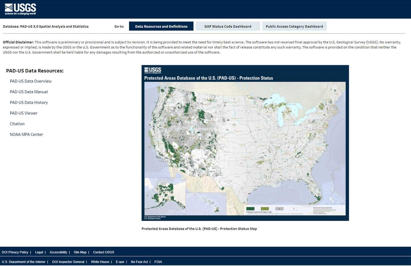 Screenshot of PAD-US 3.0 Dashboard: Data Resources page.