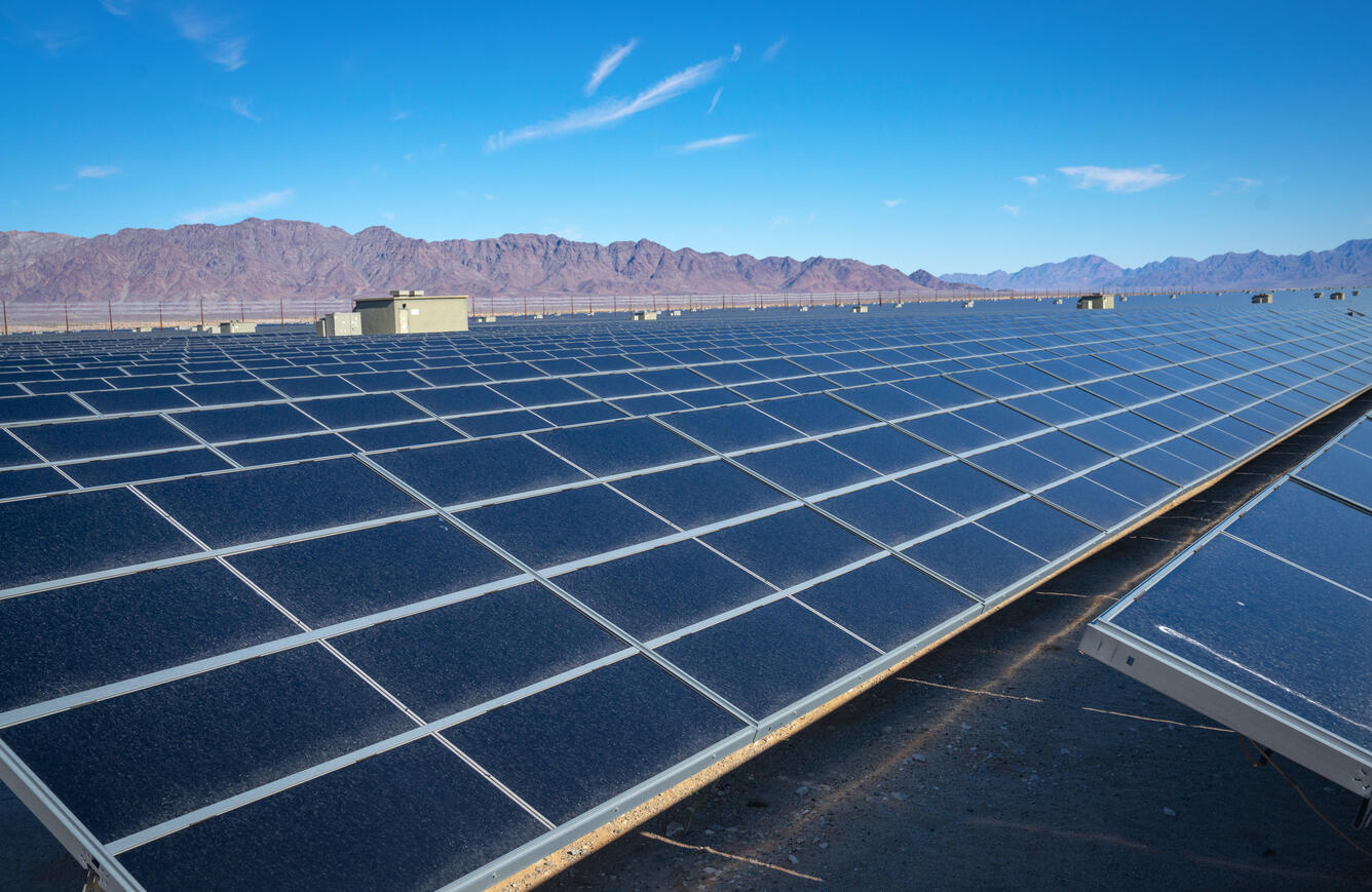 Long rows of solar panels in the California Desert