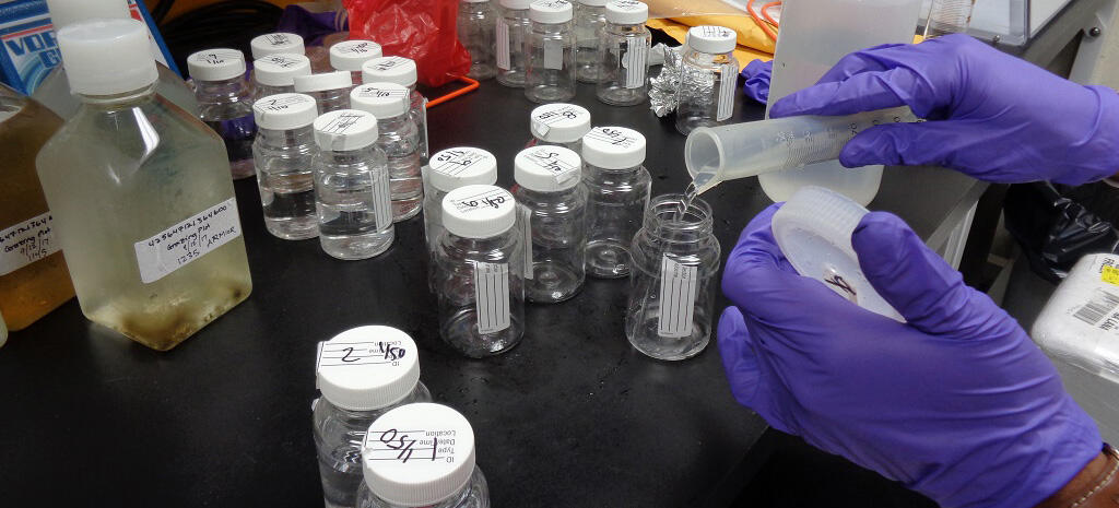 A U.S. Geological Survey (USGS) microbiologist prepares a water sample for enterococci testing