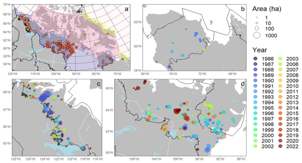 Four different maps with spots of various colors in assorted places, with a color and size key on the right