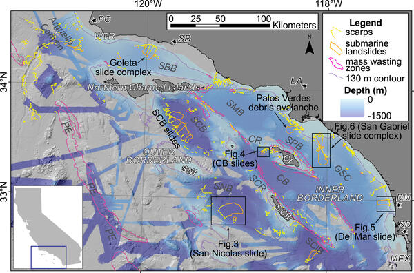 Map showing location of mapped submarine landslides off the southern California coast