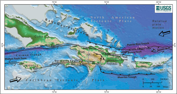 Map of the North American - Caribbean tectonic plate boundary