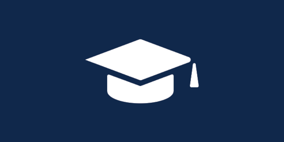 Dark blue box with a white graduate cap icon in center