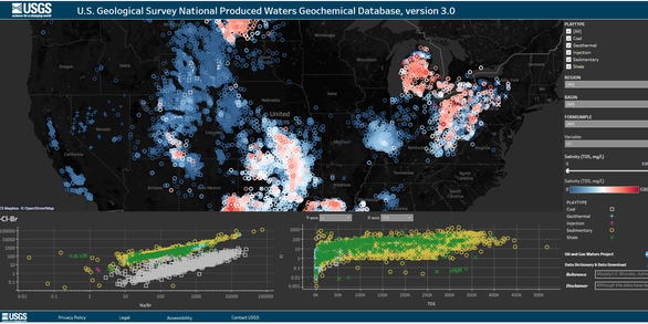 Image shows a screenshot of the USGS National Produced Waters Geochemical Database viewer, with colored circles marking the locations of the produced waters samples, with a key on the righthand side