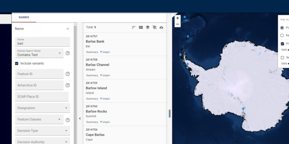 Screenshot of the Antarctic Geographic Names Information System web interface