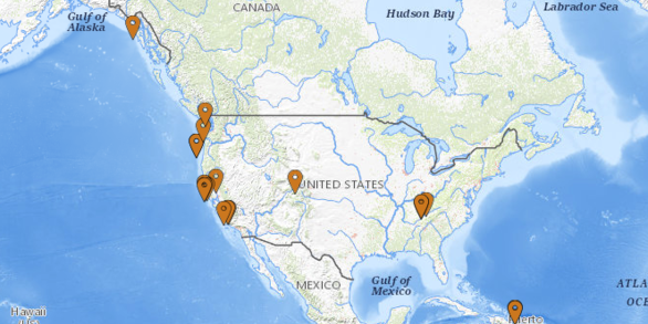 Map of North America with dots for landslide monitoring sites