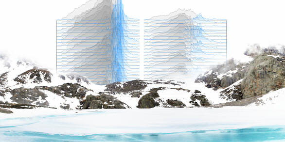 Collaged photo of a snow-covered bank near melt-water stream with mountains and charts in the background