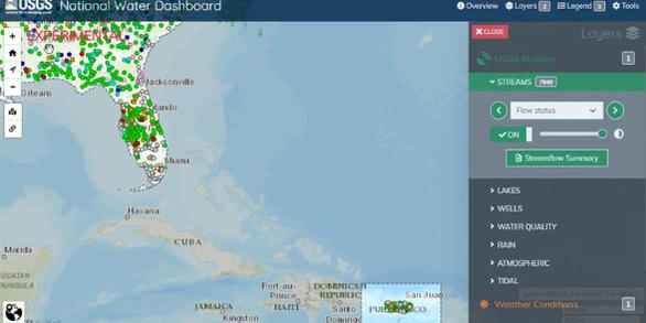 USGS National Water Dashboard showing FL and PR locations