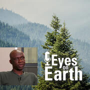 Color image of Francis Dwomoh with the graphic for the USGS EROS podcast "Eyes on Earth"