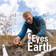 Color photo of Logan Berner with the logo for the USGS EROS podcast "Eyes On Earth"