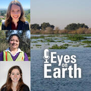 Color image of Cassie Nickles, Shruti Khanna and Becca Gustine with the graphic for the USGS EROS podcast "Eyes on Earth"