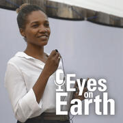 color photo of Lola Fatoyinbo with the graphic for the USGS EROS podcast "Eyes on Earth"