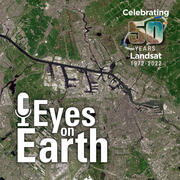 Satellite image with Eyes on Earth podcast logo on top