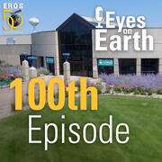 The outdoor front entrance of a facility with a couple logos on top and the words "100th Episode"