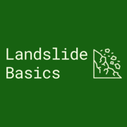 text "Landslide Basics" on a green background next to an outline of a rockfall