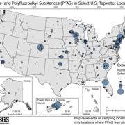 A USGS map of the U.S. with dots representing tap water sample sites across the nation, varying in size and shade of blue to 