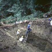 USGS and university geologists standing on trench walls and using ladder to look at and study the wall