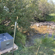 A metal box beside a creek contains equipment that collects and filters water samples