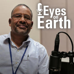 Color photo of Gabriel Senay with graphic for USGS EROS podcast Eyes on Earth