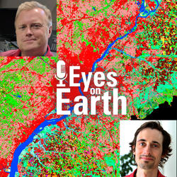 Terry Sohl and Jordan Dornbierer with the logo for the USGS EROS podcast "Eyes on Earth"