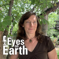 Color photo of Karen Schleeweis with the logo for the USGS EROS podcast Eyes on Earth