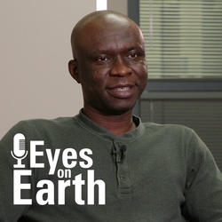 Photo of Francis Dwomoh with graphic for USGS EROS podcast "Eyes on Earth"