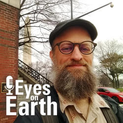 Color photo of ecologist Randy Swaty with USGS Eyes on Earth podcast logo