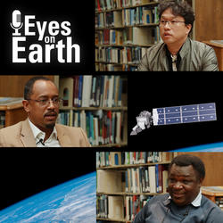 Color image of scientists with graphic for USGS EROS podcast "Eyes on Earth"