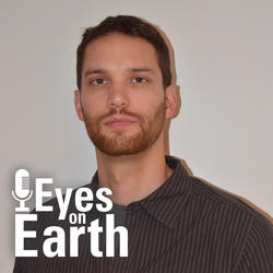 Color photo of Cody Anderson with graphic for USGS EROS podcast Eyes on Earth