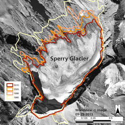 This image shows the perimeter of Sperry Glacier in Glacier National Park in 1966,1998, 2005, and 2015. 