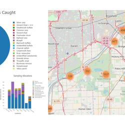 Sample graphs and catch data points, displayed on a map, from the Illinois River Catch Database and web application.