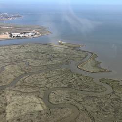 View from the air across a tidal march, mudflat, and channels with bay water to the right and a city in the background.